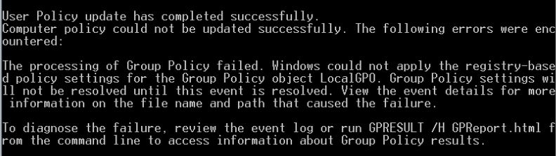 Computer policy could not be updated successfully