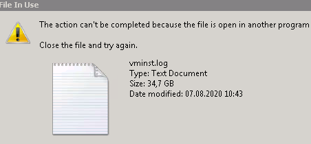 Cannot delete vminst.log on a virtual machine