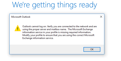 Outlook cannot log on. Verify you are connected to the network.