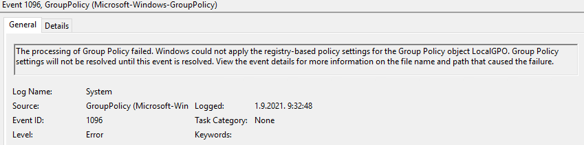 The processing of Group Policy Failed. Event 1096.