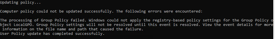 The processing of Group Policy Failed. Event 1096.