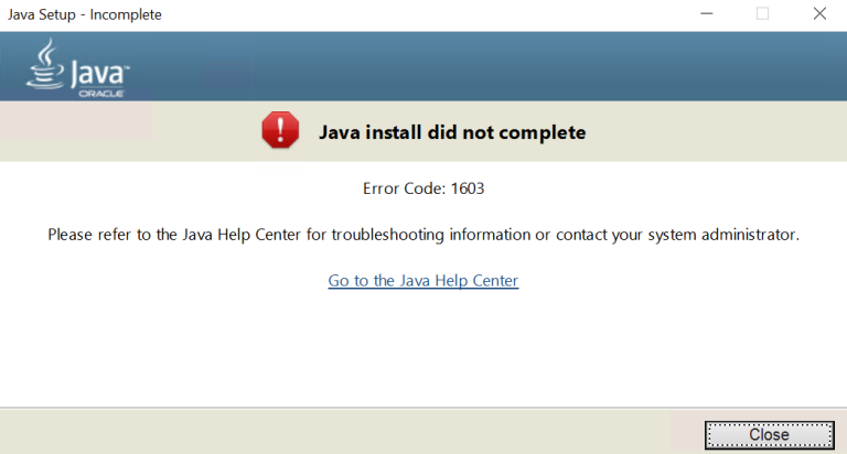 Java install did not complete. Error Code: 1603 - WinCert